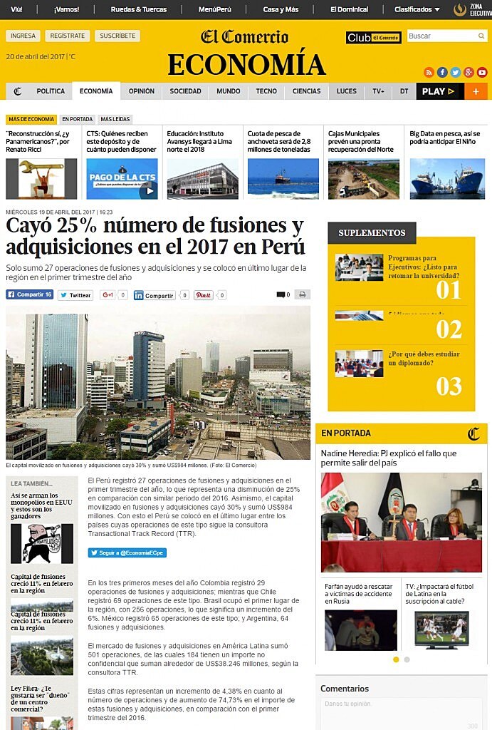 Cay 25% nmero de fusiones y adquisiciones en el 2017 en Per